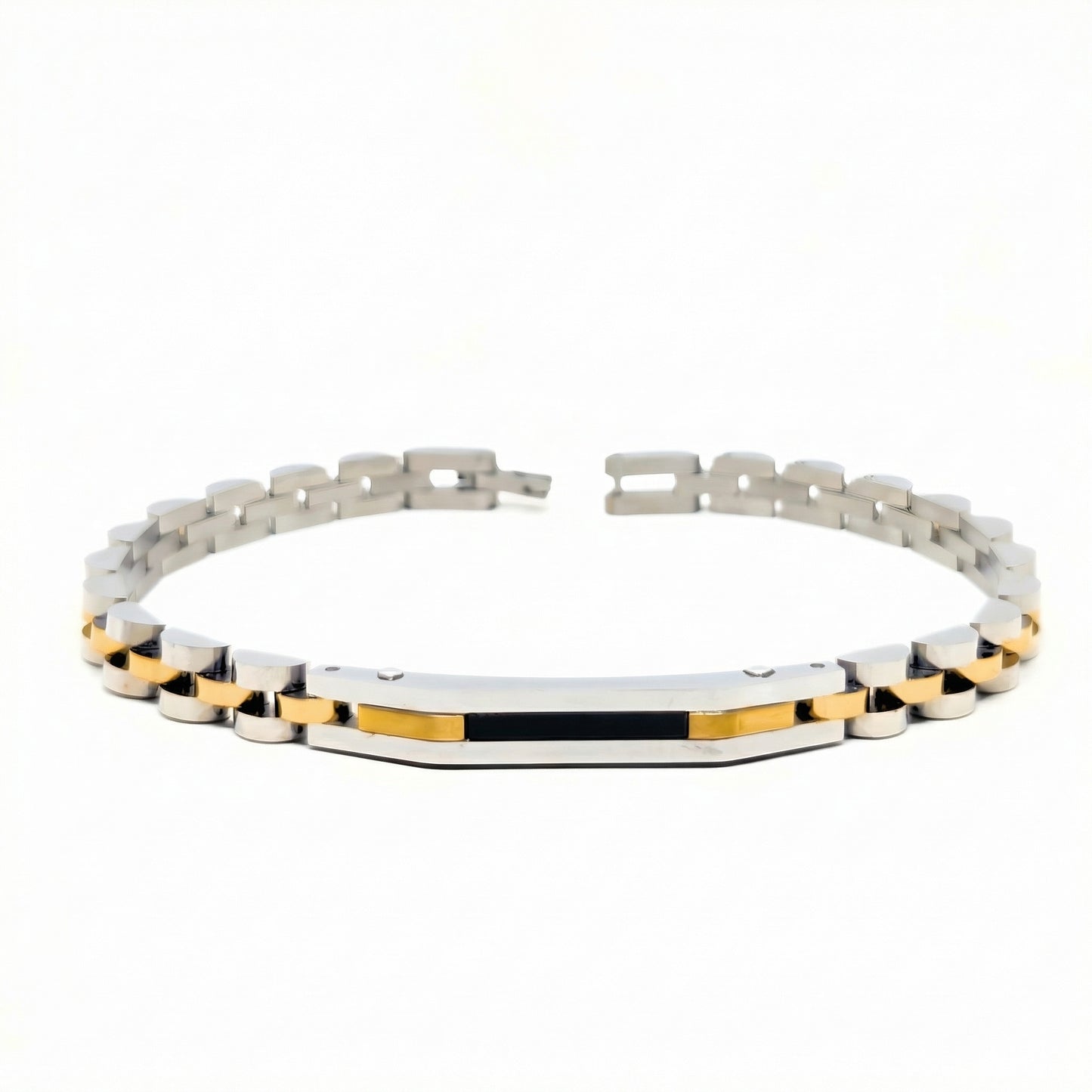 Tri-Color B-85 Bracelet featuring silver, gold, and black stainless steel links, designed for men by Overpowered Accessories.