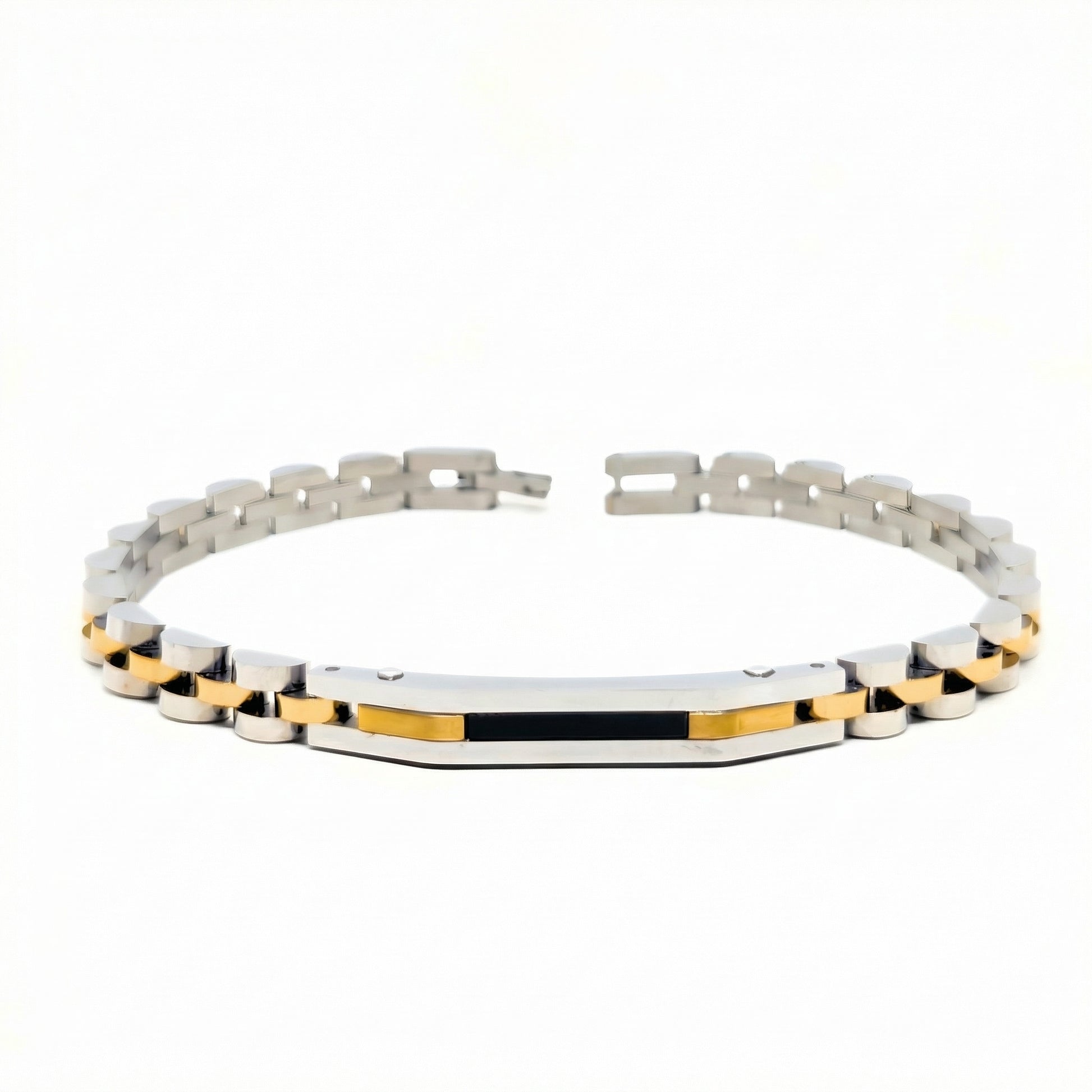 Tri-Color B-85 Bracelet featuring silver, gold, and black stainless steel links, designed for men by Overpowered Accessories.