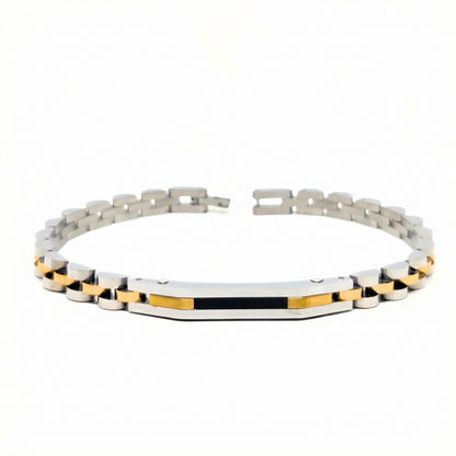 Tri-Color B-85 Bracelet featuring silver, gold, and black stainless steel links, designed for men by Overpowered Accessories.