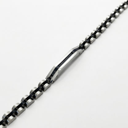 Two-tone silver and black stainless steel B-84 bracelet for men, featuring a sleek, modern design with alternating links.