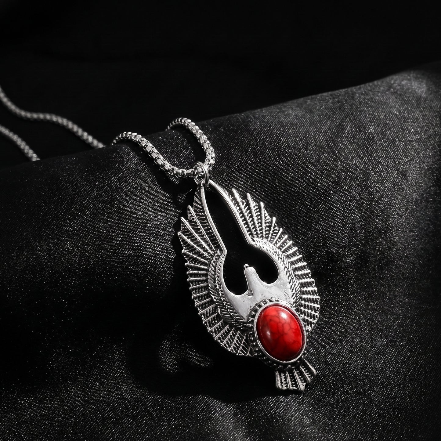 Stainless steel eagle pendant necklace with red agate cabochon center and chain
