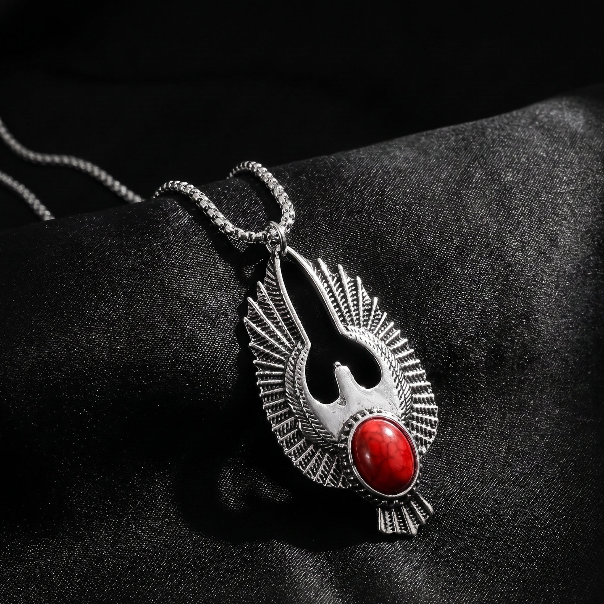 Stainless steel eagle pendant necklace with red agate cabochon center and chain
