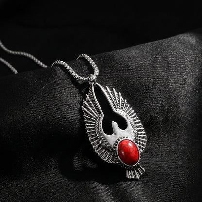 Stainless steel eagle pendant necklace with red agate cabochon center and chain