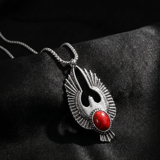 Stainless steel eagle pendant necklace with red agate cabochon center and chain