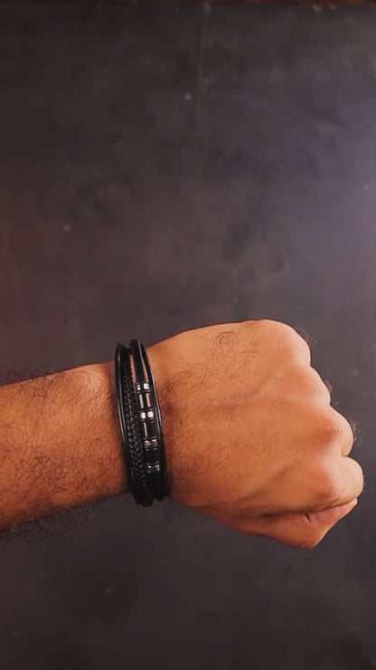 Luxury Black Leather Bracelet - B-194 | Men's - Overpowered Accessories