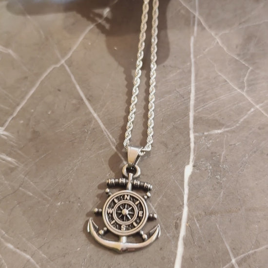 Silver stainless steel anchor compass pendant necklace, product video, Overpowered Accessories