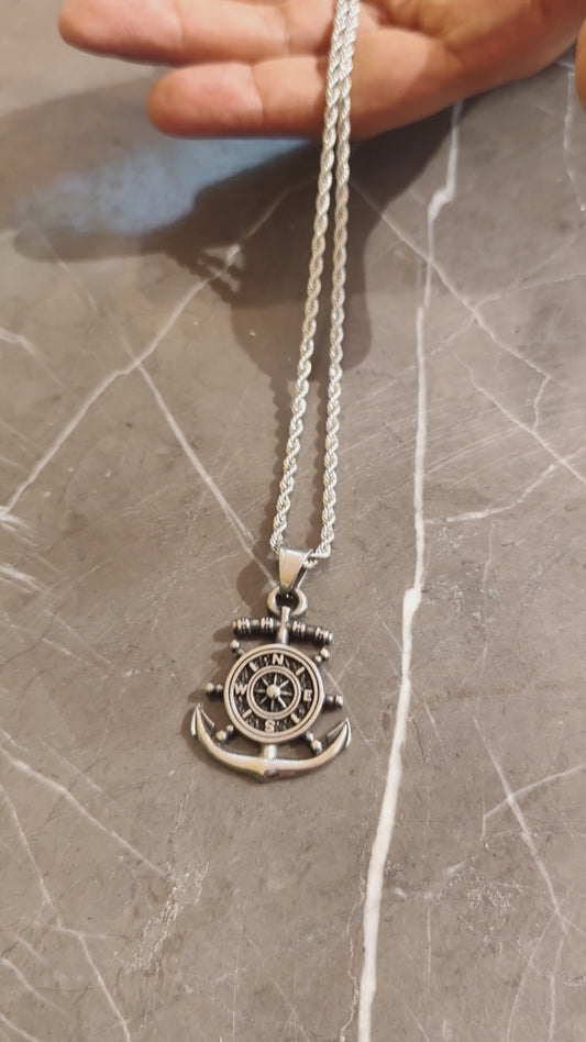 Silver Stainless Steel Anchor Compass Pendant Necklace - PN-22 | Men's - Overpowered Accessories