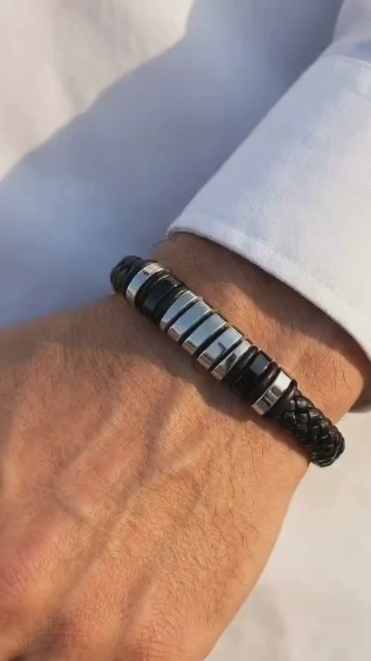 Luxury Black Leather & Silver Stainless Steel - B-124 Bracelet | Men's - Overpowered Accessories Egypt