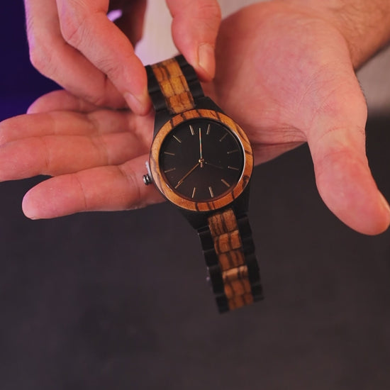 Premium vintage zebrawood and ebony wood watch, product video, Overpowered Accessories