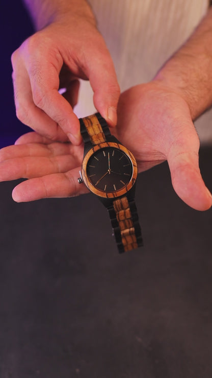 Premium vintage zebrawood and ebony wood watch, product video, Overpowered Accessories