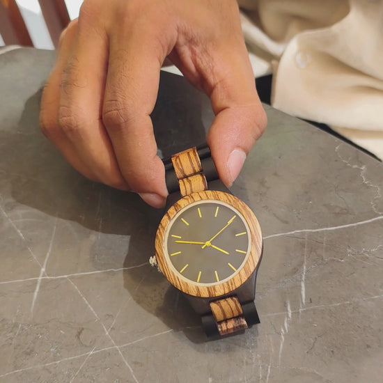 Premium vintage zebrawood and ebony wood watch, product video, Overpowered Accessories