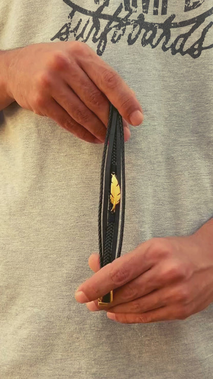 Black Leather & Gold Stainless Steel Feather - B-14 Bracelet | Men's - Overpowered Accessories Egypt
