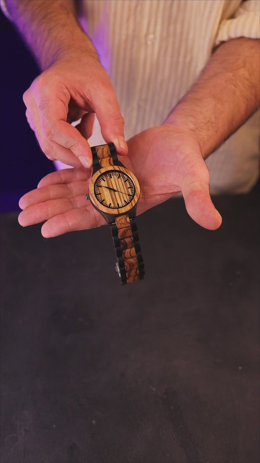 Luxury vintage zebrawood and ebony wood watch, product video, Overpowered Accessories