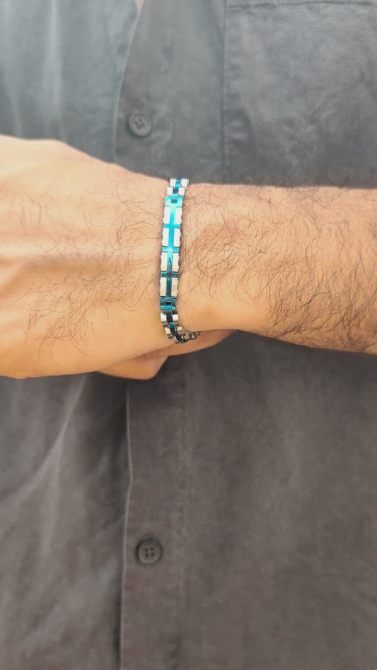 Elegant Silver & Blue Stainless Steel - B-132 Bracelet | Men's - Overpowered Accessories