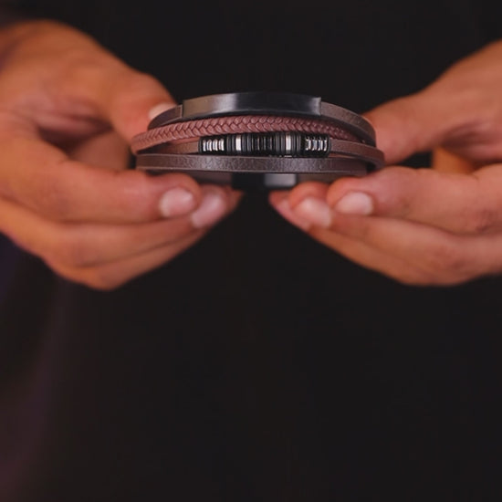Brown leather and two-tone black and brown stainless steel bracelet, product video, Overpowered Accessories