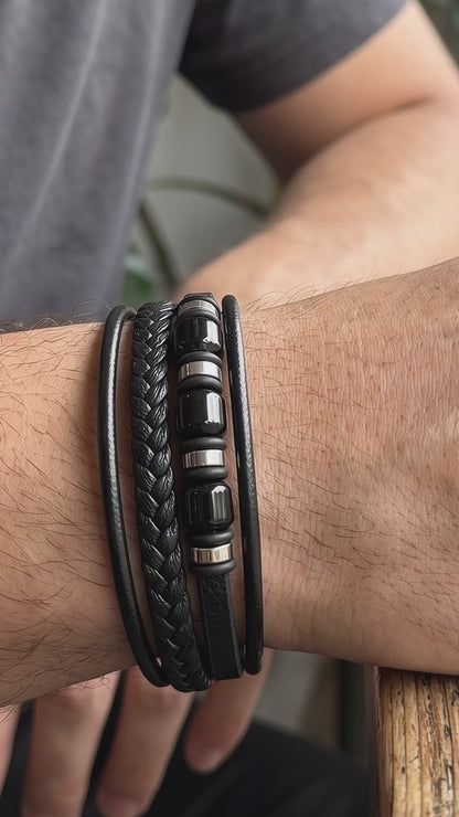 Luxury Black Leather Bracelet - B-194 | Men's - Overpowered Accessories