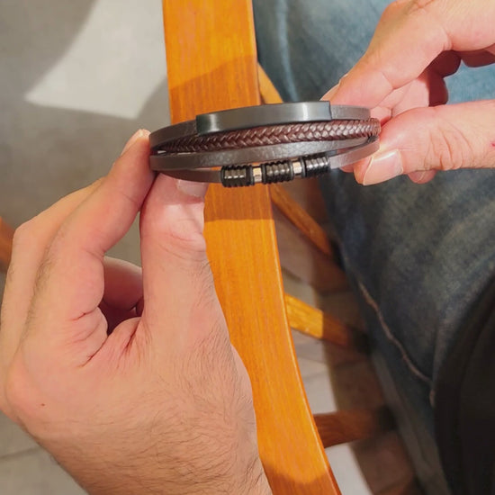 Brown leather and two-tone black and brown stainless steel bracelet, product video, Overpowered Accessories