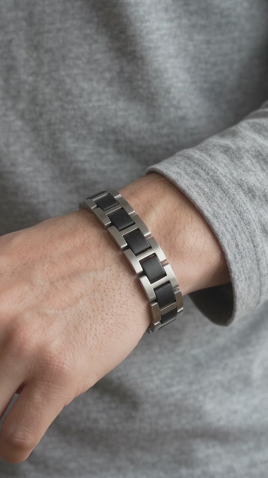 Luxury Natural Ebony Wood & Stainless Steel Bracelet - B-190 | Men's - Overpowered Accessories - Egypt