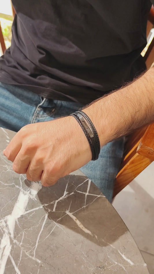 Premium Black Leather Bracelet - B-182 | Men's - Overpowered Accessories