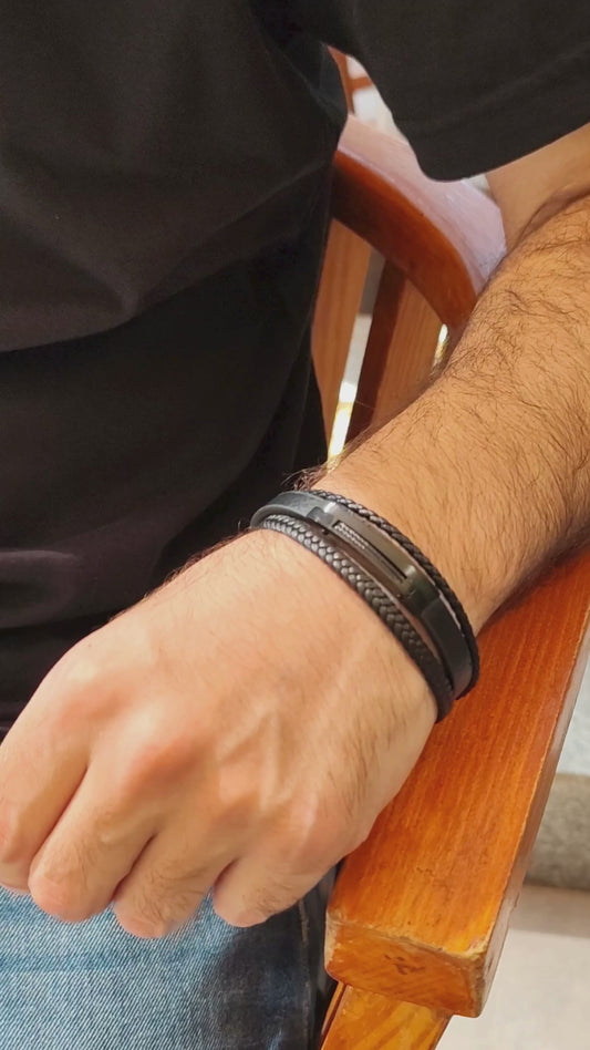 Premium Black Leather Bracelet - B-181 | Men's - Overpowered Accessories