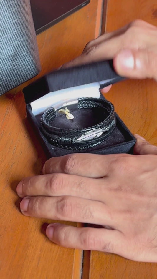 Black Leather & Silver Stainless Steel Feather - B-13 Bracelet | Men's - Overpowered Accessories Egypt