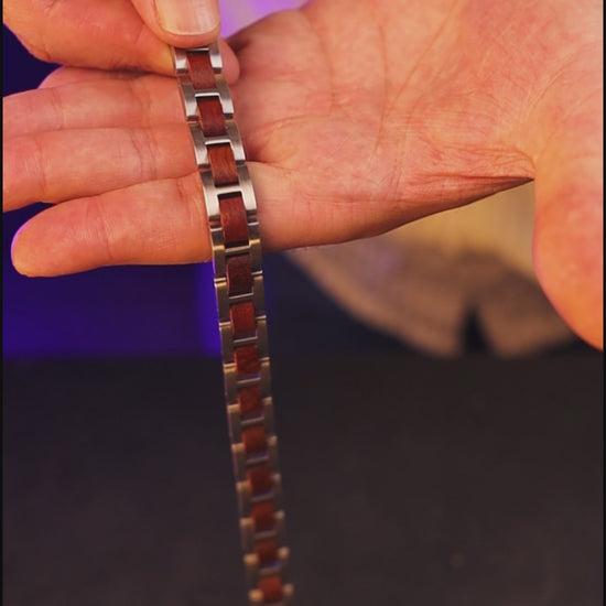 Luxury natural rosewood and silver stainless steel bracelet, product video, Overpowered Accessories