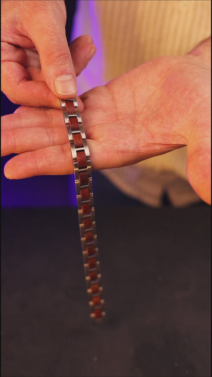 Luxury natural rosewood and silver stainless steel bracelet, product video, Overpowered Accessories