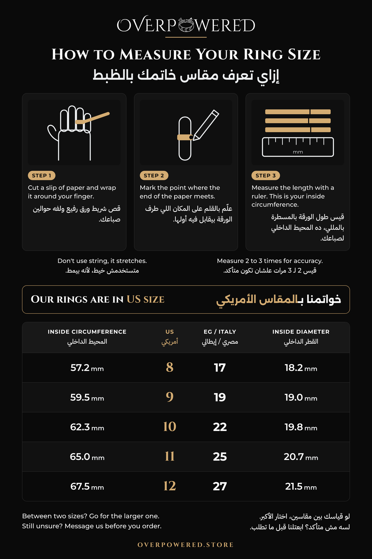 R-9 ring size chart: US sizes 8 to 12 with matching Egyptian / Italian sizes, inside circumference and diameter