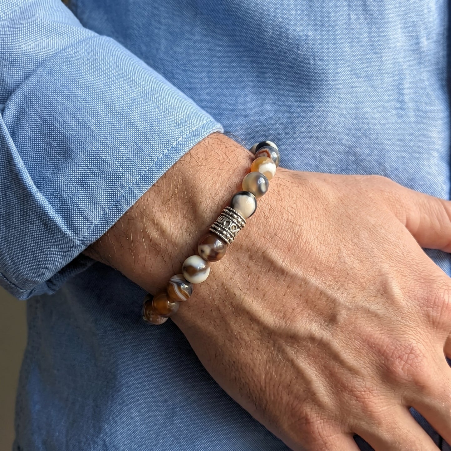 Natural Agate G-18 Stone Bracelet for men, featuring multicolored agate beads and a decorative silver accent.