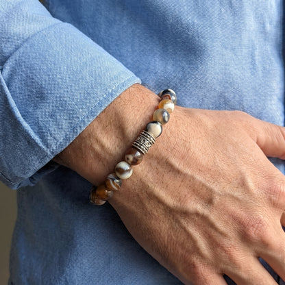 Natural Agate G-18 Stone Bracelet for men, featuring multicolored agate beads and a decorative silver accent.