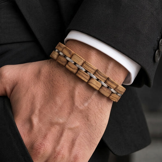 Men's zebrawood bracelet with white leather strap and metal spacer links, Overpowered Accessories