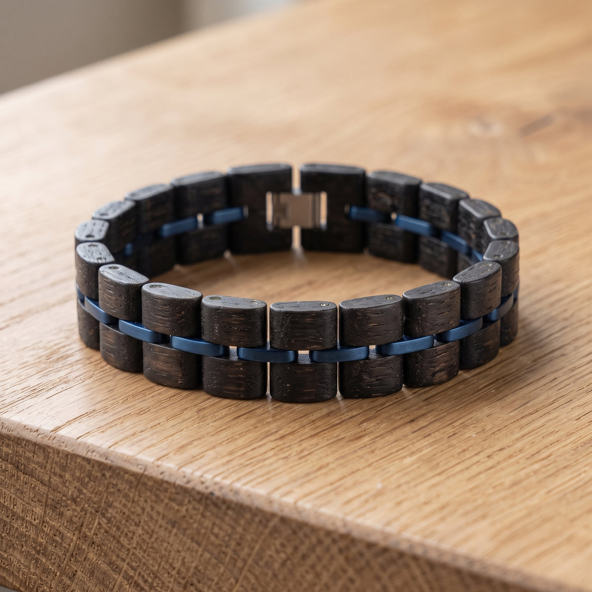 Men's ebony wood bracelet with blue inlay and rectangular segmented links, Overpowered Accessories