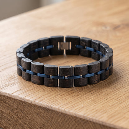 Men's ebony wood bracelet with blue inlay and rectangular segmented links, Overpowered Accessories