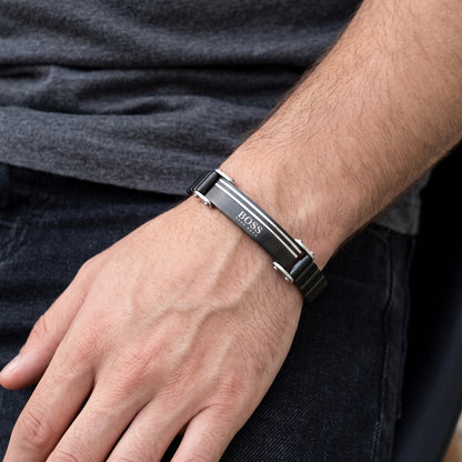 Men's black stainless steel ID bracelet with silver center lines and clasp