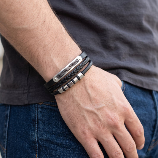 Men's black leather bracelet with silver Greek key panel and metal bead details