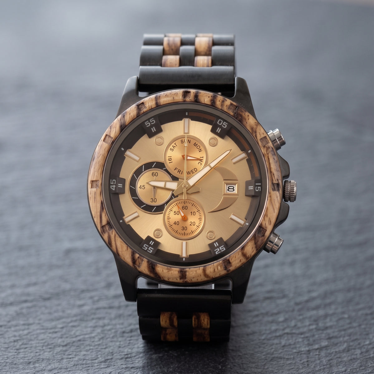 Men's wooden wristwatch, front view with cream dial, subdials, zebrawood bezel and band, Overpowered Accessories