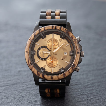 Men's wooden wristwatch, front view with cream dial, subdials, zebrawood bezel and band, Overpowered Accessories