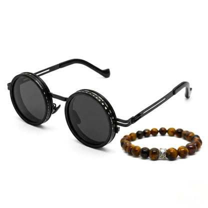 Vigilant Vision Bundle G-8 SG-001 featuring round black sunglasses and a tiger's eye bead bracelet.