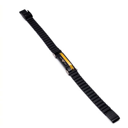 Men's black link ID bracelet with gold stripe and watch-style band, adjustable end