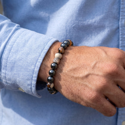 Natural Agate & Hematite G-22 Stone Bracelet for men, featuring a mix of black and brown stones with a decorative silver bead