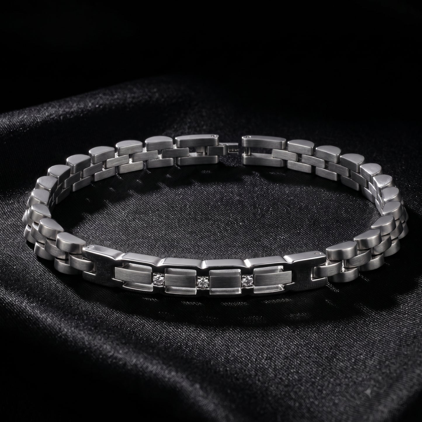 Silver stainless steel chain bracelet with rectangular micro zircon panel