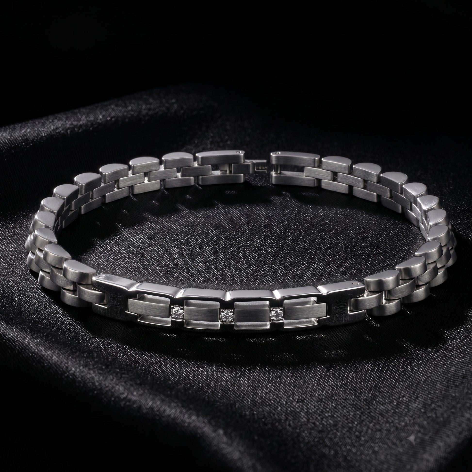 Silver stainless steel chain bracelet with rectangular micro zircon panel