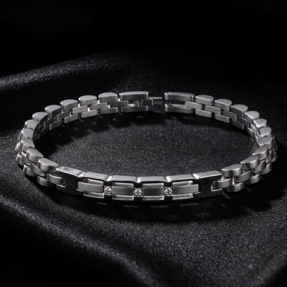 Silver stainless steel chain bracelet with rectangular micro zircon panel