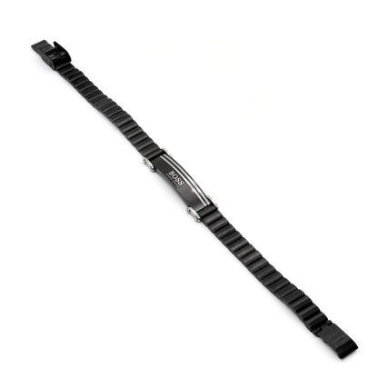 Black stainless steel ID link bracelet with silver lines and clasp, adjustable
