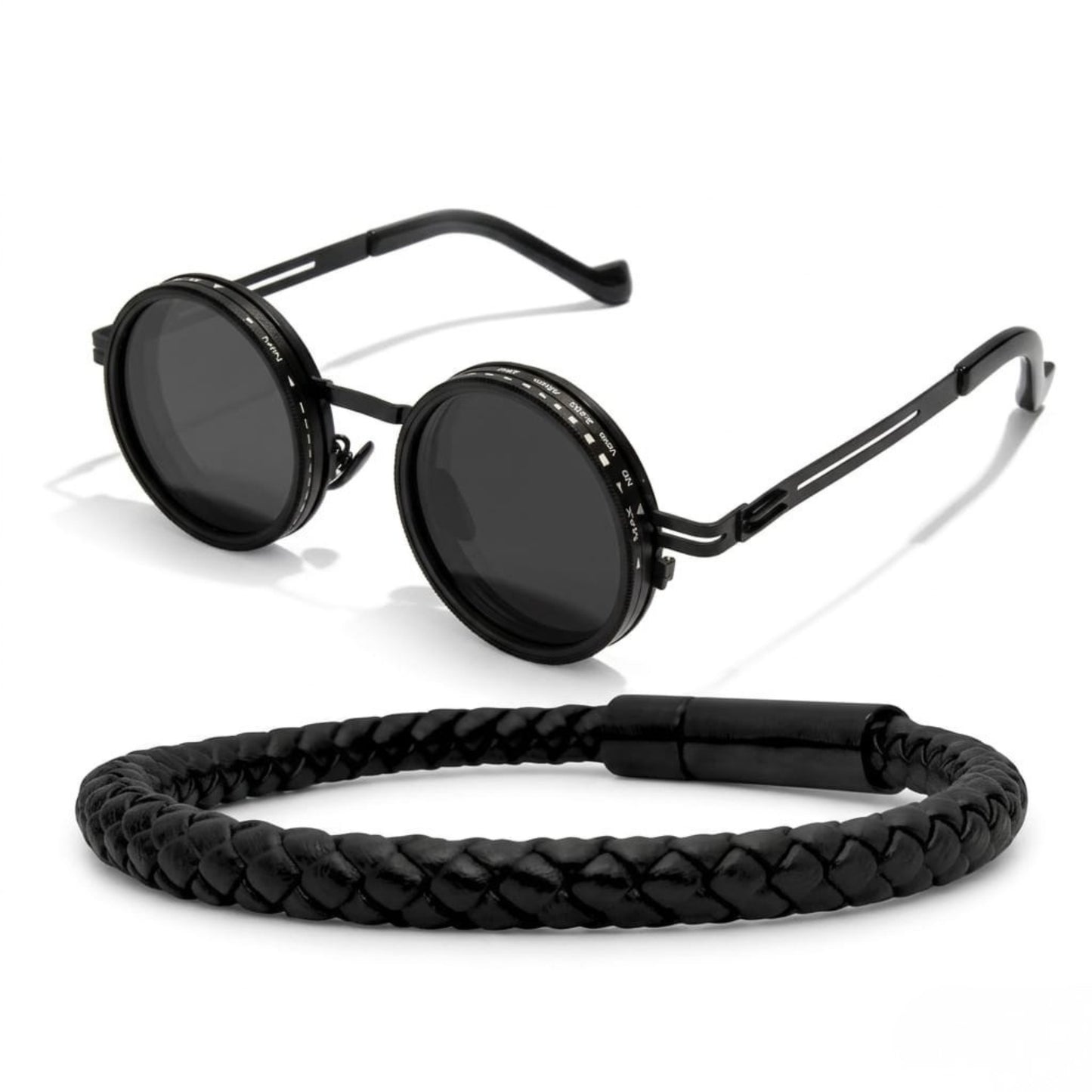 Obsidian Apex Bundle B-106 SG-001 featuring a pair of round black sunglasses and a braided black men's bracelet.