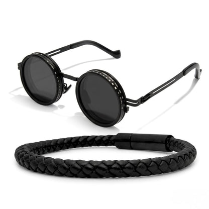 Obsidian Apex Bundle B-106 SG-001 featuring a pair of round black sunglasses and a braided black men's bracelet.