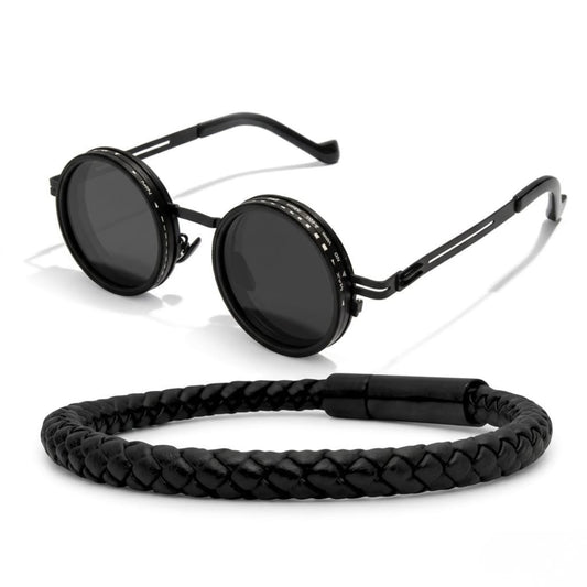 Black round sunglasses with dark lenses and braided black leather bracelet