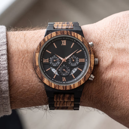 Men's wood-and-ebony wristwatch, black face with Roman numerals and three subdials, Overpowered Accessories