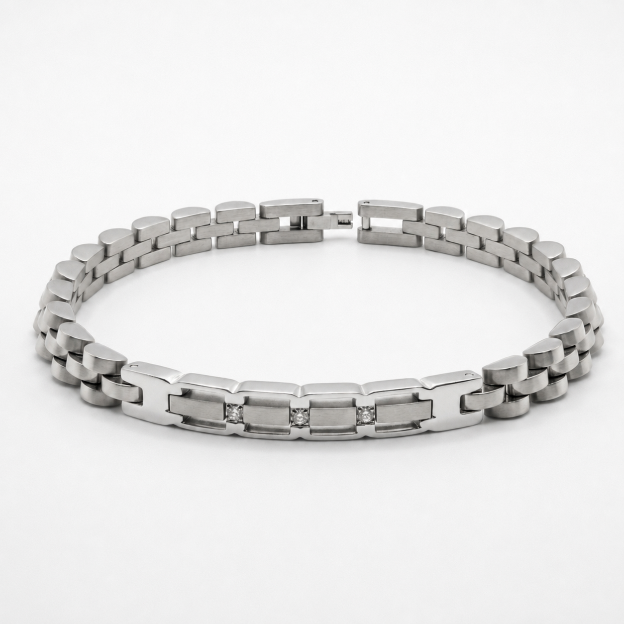 Silver stainless steel micro zircon bracelet with link chain and center stones