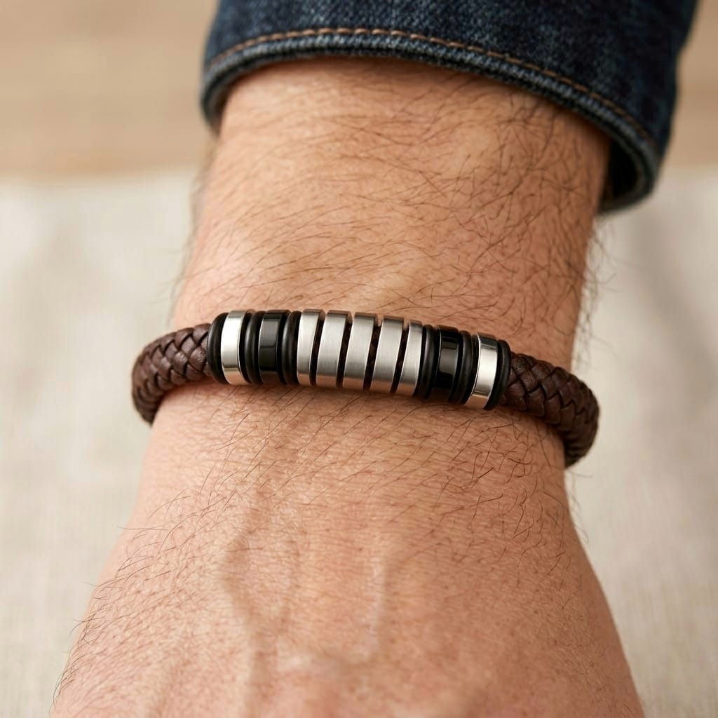 Luxury brown leather and silver stainless steel B-126 bracelet worn on a wrist, featuring a braided design and metallic accen